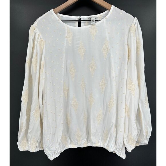 Cato Blouse Women 18/20W Long Balloon Sleeve White Cream Embroidered Elastic Hem - Picture 1 of 9